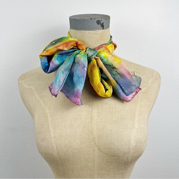 Karen Lyons Hand Painted Silk Scarf Multi Color Rainbow Pastel - Picture 5 of 5